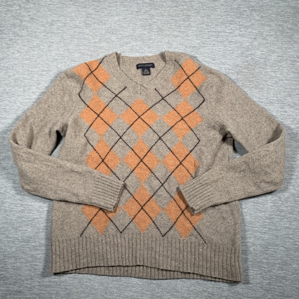 Banana Republic Sweater Mens Large Gray Orange‎ Argyle Wool Blend Pullover